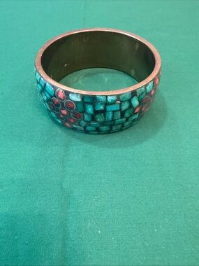 VTG CLOISONNE BRASS BANGLE BRACELET-Thick 1.25" WIDE- GEOMETRIC DESIGN NICE!